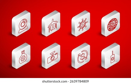 Set line Remote control, Plane, Project management, Globe with flying plane, Return of investment, Web camera, Car DVR and Bioengineering icon. Vector