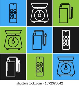 Set line Remote control , Power bank with different charge cable  and Scales  icon. Vector