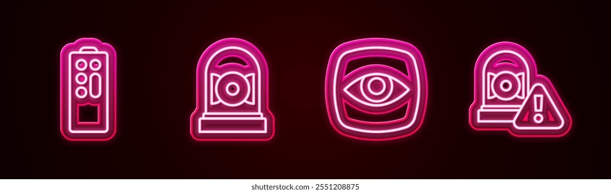 Set line Remote control, Ringing alarm bell, Security camera and . Glowing neon icon. Vector