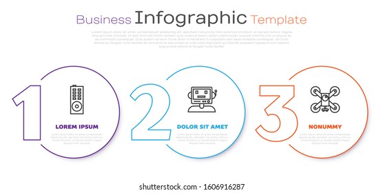 Set line Remote control, Robot and Drone flying with action camera. Business infographic template. Vector