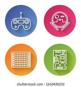 Set line Remote control, Robot vacuum cleaner, Printed circuit board PCB and Electronic computer components motherboard digital chip. Color circle button. Vector