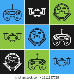 Set line Remote control, Robot vacuum cleaner and Drone flying with action camera icon. Vector