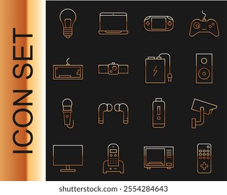 Set line Remote control, Security camera, Stereo speaker, Portable video game console, Smartwatch, Keyboard, Light bulb with concept of idea and Power bank charge cable icon. Vector