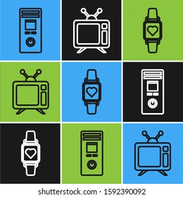 Set line Remote control, Smart watch showing heart beat rate  and Television icon. Vector