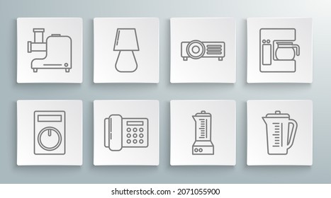 Set line Remote control, Table lamp, Telephone, Blender, Measuring cup, Coffee machine with glass pot and Kitchen meat grinder icon. Vector