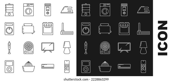 Set line Remote control, Table lamp, Router and wi-fi signal, Toaster with toasts, Double boiler and Oven icon. Vector