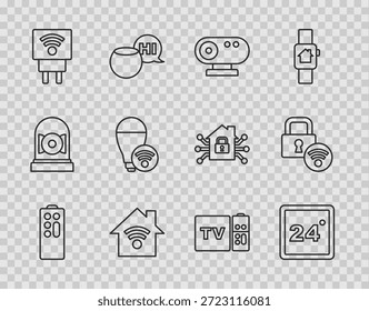 Ajuste el control remoto de línea, termostato, cámara de Web, hogar inteligente con wi-fi, enchufe eléctrico, bombilla, receptor de caja multimedia y de TV e ícono de cerradura de puerta digital. Vector