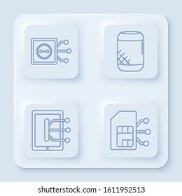 Set line Remote control, Voice assistant, Tablet and Sim card. White square button. Vector