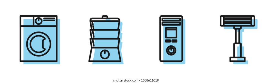 Set line Remote control, Washer , Double boiler  and Electric heater  icon. Vector