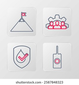Set line Remote control, Waterproof, Project team base and Mountains and flag icon. Vector
