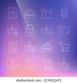 Línea Eliminar cesta de compras, carrito de compras, tarjeta de crédito, edificio o tienda de mercadería, bolso de mano, euro, en tablet y con icono de cheque. Vector