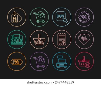Set line Remove shopping basket, Discount percent tag heart, Buy button, Shopping, building and sale, Price with Sale, Paper check financial check and cart mark icon. Vector