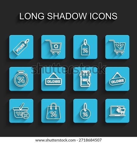 Set line Remove shopping basket, Shopping bag with percent, Price tag Free, Discount, cart on laptop, Hanging sign Close,  and Mobile and icon. Vector
