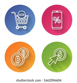 Set line Warenkorb entfernen, Prozent Rabatt und mobil, Kryptowährungsmünzen Bitcoin und Cursor und Münze. Farbkreisknopf. Vektorillustration