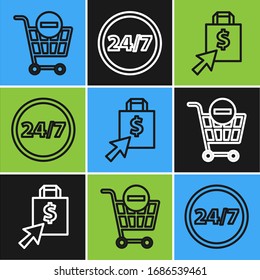 Set line Remove shopping cart, Shoping bag and dollar and Clock 24 hours icon. Vector
