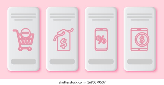 Set Line Entfernen Warenkorb, Preis-Tag mit Dollar, Prozent Rabatt und Handy und Tablet mit Dollar. Weiße Rechtecktaste. Vektorillustration