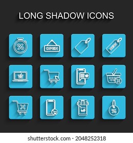 Set line Remove shopping cart, Mobile and, Stopwatch percent, Discount tag, Shopping with cursor, basket and  icon. Vector