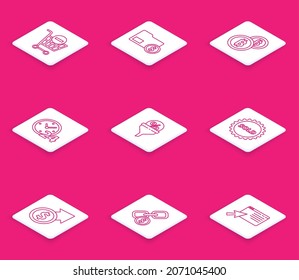Fijar línea Eliminar carrito de la compra, Sobre con dólar de la moneda, Bitcoin de la criptodivisa, Reloj 24 horas, Gestión de plomo, Etiqueta de venta, Crecimiento financiero e icono de enlace de cadena. Vector
