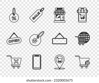 Set line Remove shopping cart, Add to Shopping, Market store, Smartphone, mobile phone, Discount percent tag, Price with dollar, Location and globe icon. Vector