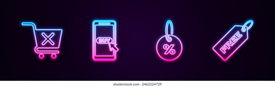 Set line Remove shopping cart, Mobile and, Discount percent tag and Price with Free. Glowing neon icon. Vector