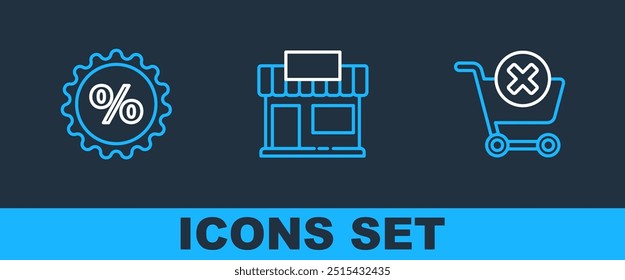 Eliminar el Carrito de compras, la etiqueta de porcentaje de descuento y el ícono de edificio de compras o tienda de mercado. Vector