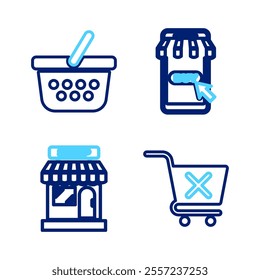 Set line Remove shopping cart, Market store, Mobile and and Shopping basket icon. Vector