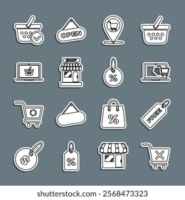 Set line Remove shopping cart, Price tag with Free, Shopping on laptop, Location, Market store, basket, check mark and Discount percent icon. Vector