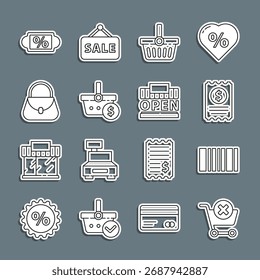 Linie entfernen Warenkorb, Barcode, Papier-Scheck und Finanzkontrolle, Warenkorb, Dollar, Handtasche, Rabatt Prozent Tag und Gebäude öffnen Symbol. Vektorgrafik