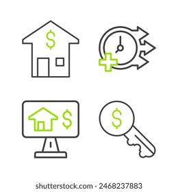 Set line Rent key, Online real estate, Clock and House with dollar icon. Vector