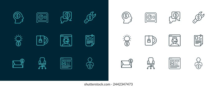 Set line Repair price, Office chair, Telephone 24 hours support, Resume, Cup of tea, Business negotiations, man planning mind and Safe icon. Vector