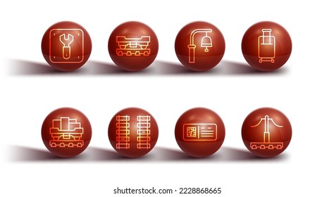 Set line Repair of railway, Cargo train wagon, Suitcase, QR code ticket, Railway, railroad track,  and Train station bell icon. Vector