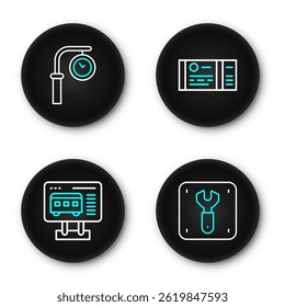 Set line Repair of railway, Ticket office to buy tickets, Train and station clock icon. Vector