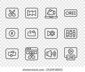 Set line Repeat button, Live stream, Online Play video, Videorecorder oder Editor, Musikbearbeitung, Musikwiedergabe, Lautsprecher-Lautstärke und Sound Mixer Controller-Symbol. Vektorgrafik