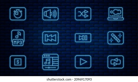 Set line Repeat button, Photo retouching, Arrow shuffle, Rewind, MP3 file, Stopwatch, Pause and Speaker volume icon. Vector