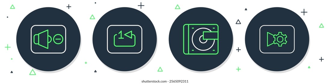 Set line Repeat track music player, Vinyl with vinyl disk, Speaker mute and Music or video settings icon. Vector