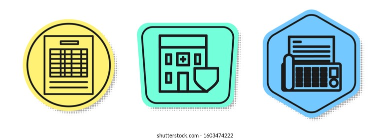 Set Line Report File Document, Medical Hospital Building With Shield And Fax Machine. Colored Shapes. Vector