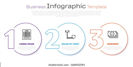 Set line Report file document, Judge gavel with shield and Stacks paper money cash. Business infographic template. Vector