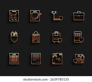 Set line Report file document, Document, with graph chart, Ordered envelope, Medical clipboard clinical record, File and paper, Smartphone insurance and Traveling baggage icon. Vector