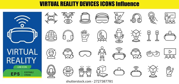 Conjunto de línea que representa dispositivos y actividades de realidad virtual