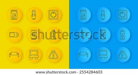 Set line Resistor electricity, Battery charge level indicator, Electric light switch, Exclamation mark triangle, Multimeter,  and LED bulb icon. Vector