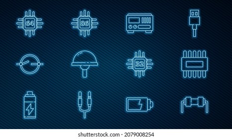 Set line Resistor electricity, Processor with microcircuits CPU, Electrical measuring instruments, Light emitting diode, scheme,  and  icon. Vector