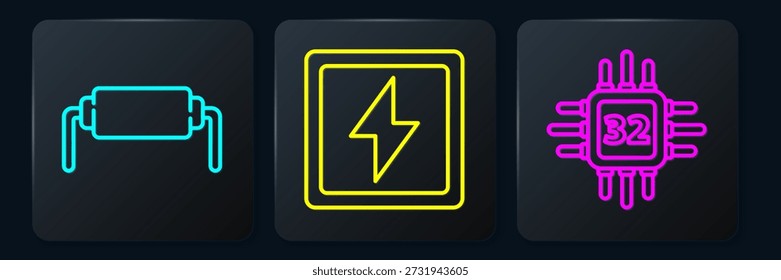 Set line Resistor electricity, Processor with microcircuits CPU and Lightning bolt. Black square button. Vector