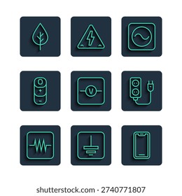 Set line Resistor in electronic circuit, Electrical symbol ground, Mobile phone, AC voltage source, Voltmeter, Battery charge, Leaf Eco and extension icon. Vector