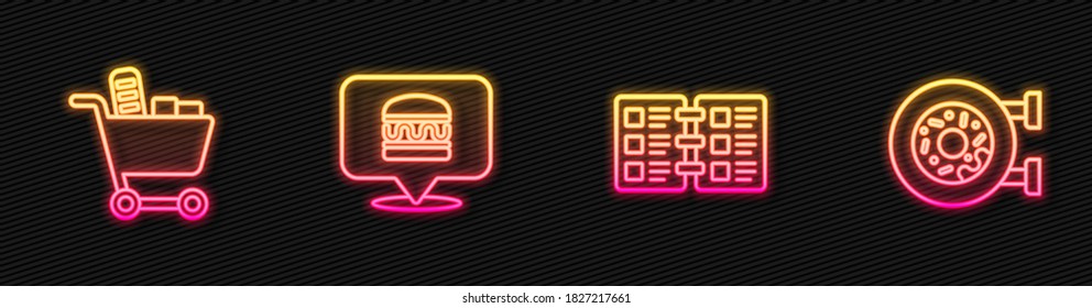 Set line Restaurant cafe menu, Shopping cart and food, Online ordering burger delivery and Donut. Glowing neon icon. Vector