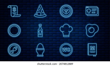 Set line Restaurant cafe menu, Scrambled eggs, Steak meat on plate, Wine bottle, Plate, Paper or financial check, Chef hat and Slice of pizza icon. Vector