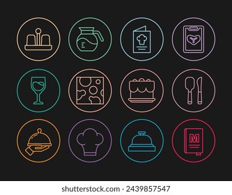 Set line Restaurant cafe menu, Knife and spoon, Cookbook, Cheese, Wine glass, Salt pepper, Cake and Coffee pot icon. Vector