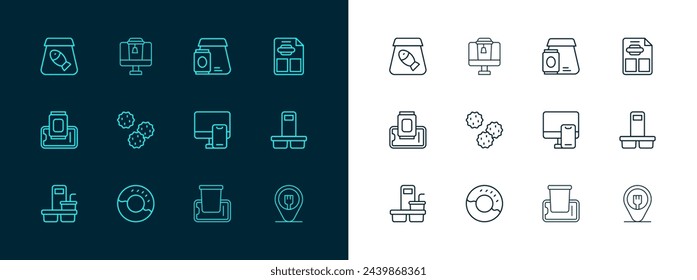 Set line Restaurant cafe menu, Donut, Online ordering food, Food mobile, Cookie biscuit, fish and  icon. Vector