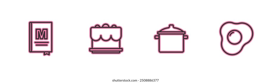 Set line Restaurant cafe menu, Cooking pot, Cake and Scrambled eggs icon. Vector