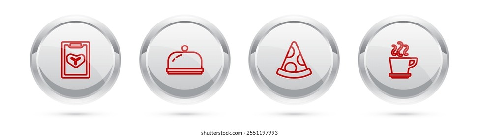 Set line Restaurant cafe menu, Covered with tray, Slice of pizza and Coffee cup. Silver circle button. Vector