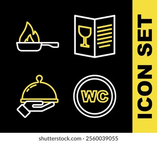 Set line Restaurant cafe menu, Toilet, Covered with tray of food and Frying pan icon. Vector